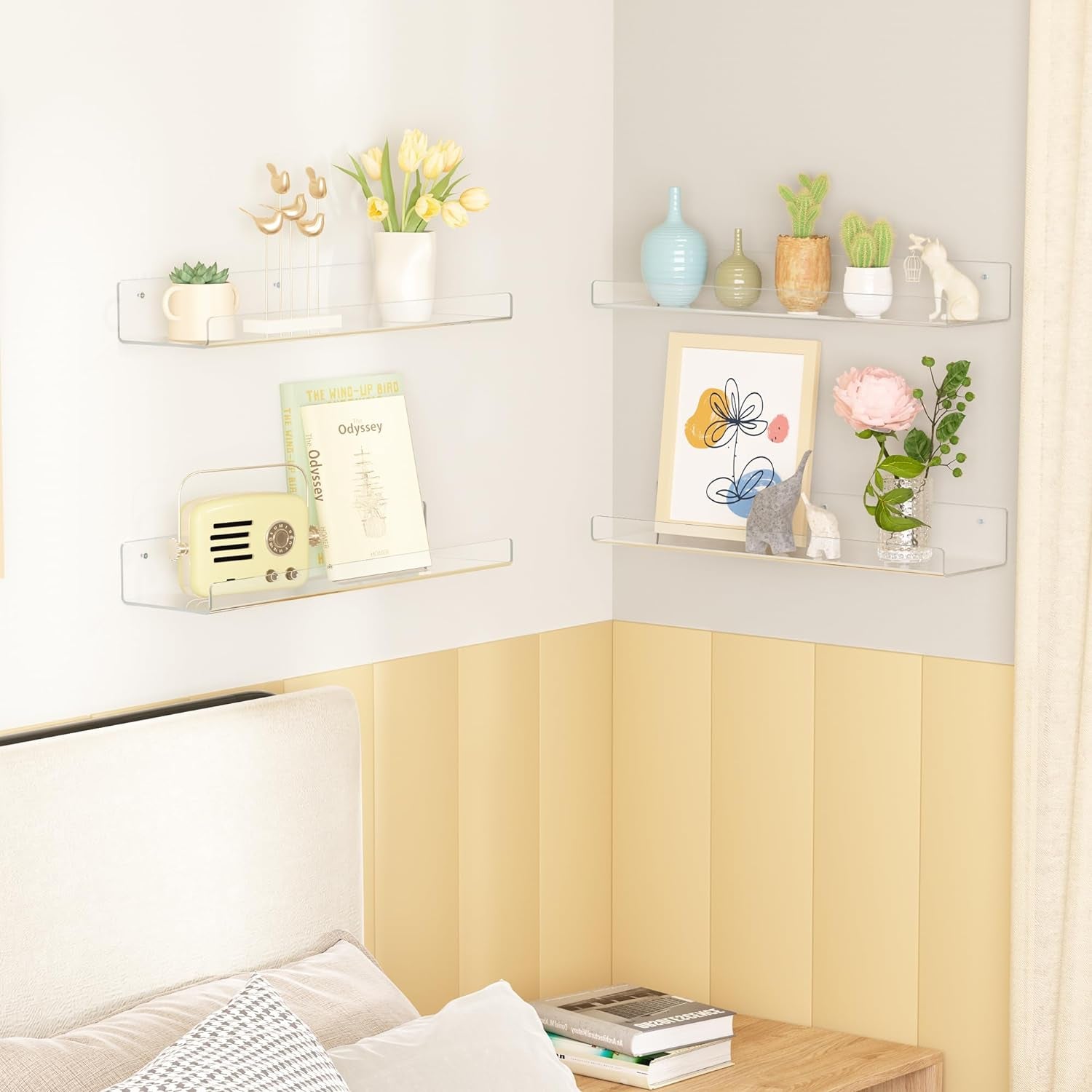 Clear Acrylic Shelves for Storage, 15" Floating Shelves Wall Mounted for Kids Bookshelf/Display Ledge for Bedroom, Living Room, Bathroom, Kitchen, Set of 4