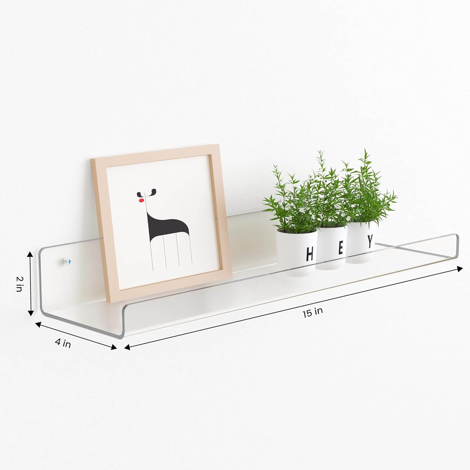 Clear Acrylic Shelves for Storage, 15" Floating Shelves Wall Mounted for Kids Bookshelf/Display Ledge for Bedroom, Living Room, Bathroom, Kitchen, Set of 4