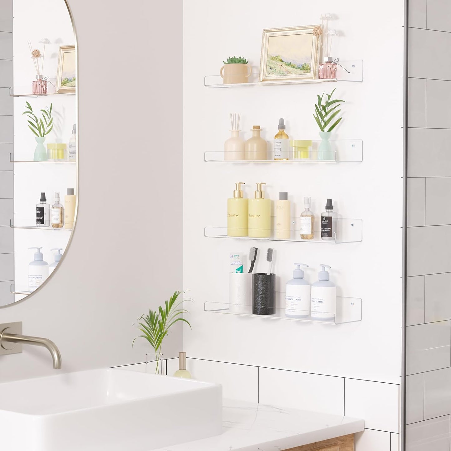 Clear Acrylic Shelves for Storage, 15" Floating Shelves Wall Mounted for Kids Bookshelf/Display Ledge for Bedroom, Living Room, Bathroom, Kitchen, Set of 4