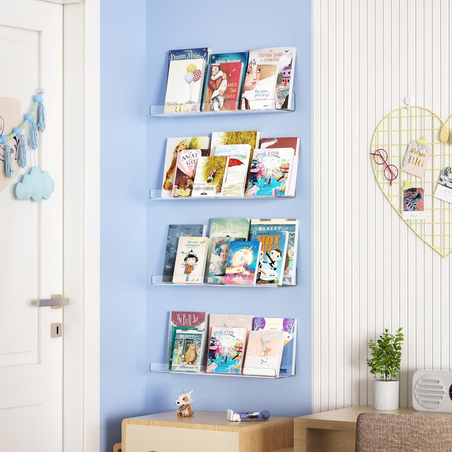Clear Acrylic Shelves for Storage, 15" Floating Shelves Wall Mounted for Kids Bookshelf/Display Ledge for Bedroom, Living Room, Bathroom, Kitchen, Set of 4