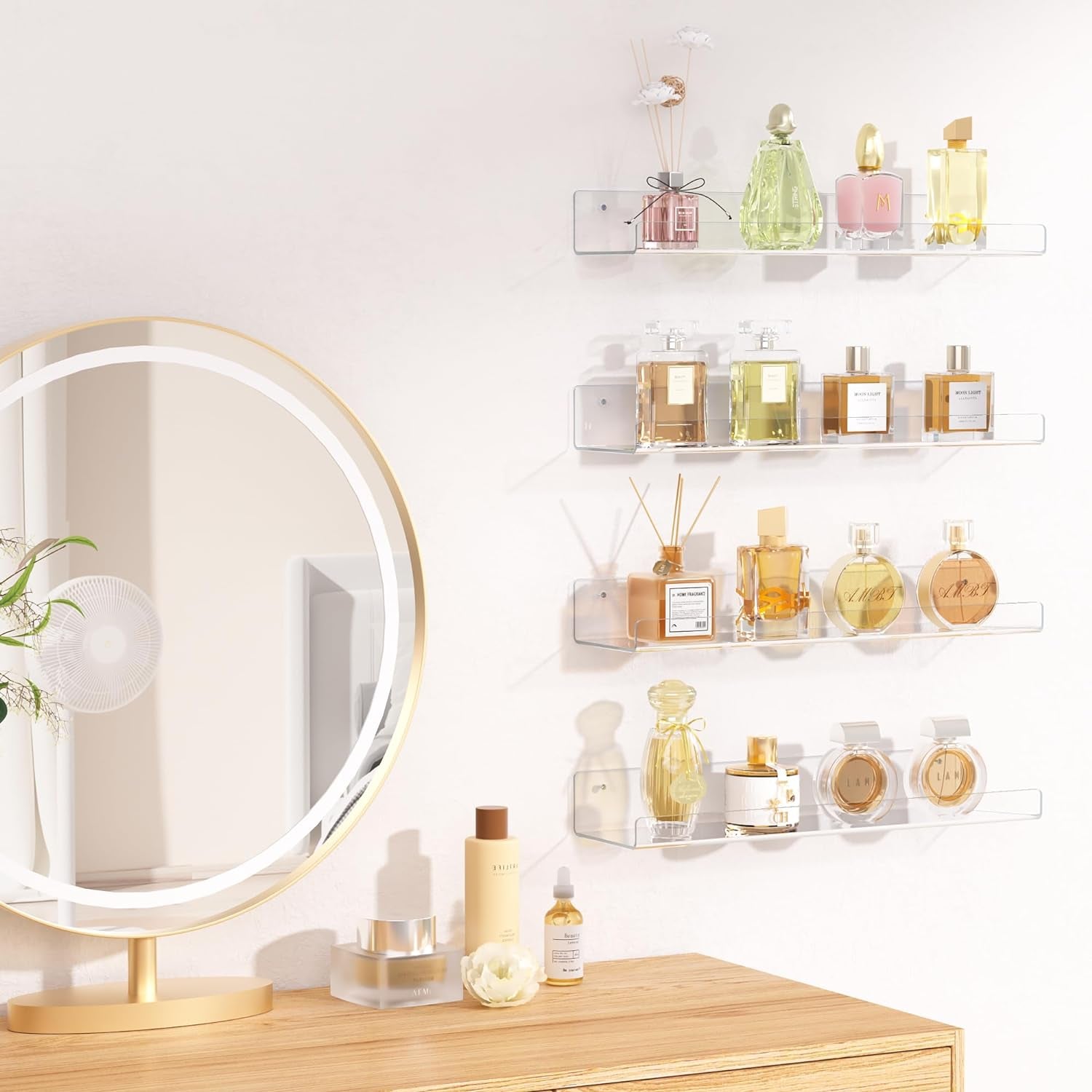 Clear Acrylic Shelves for Storage, 15" Floating Shelves Wall Mounted for Kids Bookshelf/Display Ledge for Bedroom, Living Room, Bathroom, Kitchen, Set of 4
